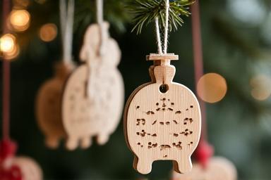 Feiner handgeschnitzter Weihnachtsschmuck aus hellem Holz